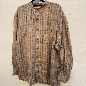 Summa Silk Shirt Large Tan Vintage 90s Silk Abstract Banded Collar Men Button Up